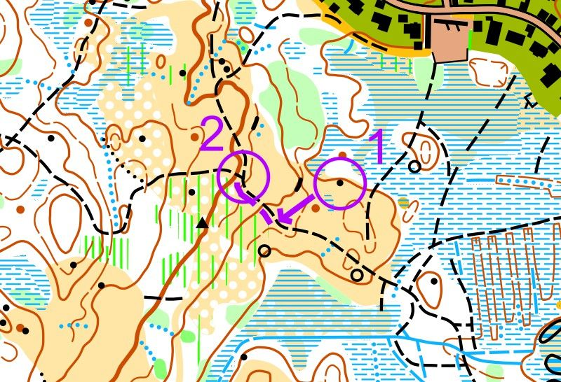 Žemėlapio fragmentas su dviem postais - prisirišimas prie tako