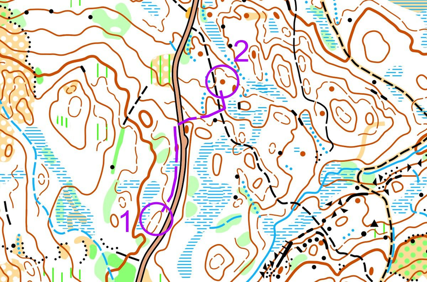 Žemėlapio fragmentas su dviem postais - prisirišimas prie tako