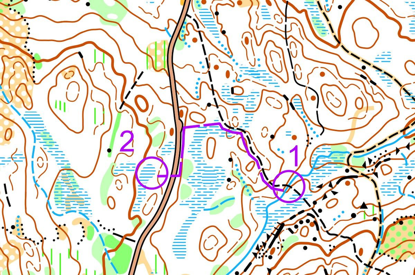 Žemėlapio fragmentas su dviem postais - prisirišimas prie tako